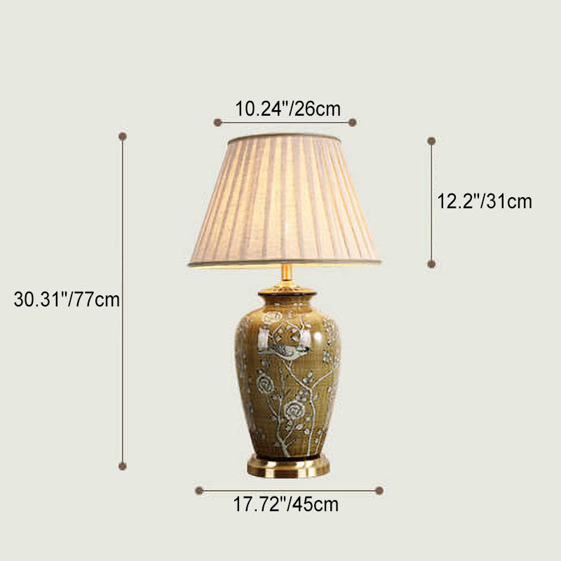 Retro Chinese Ceramic Canvas Shade Copper Base 1-Light Table Lamp