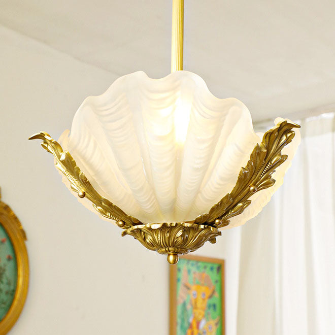 Traditional French Shell Brass Glass 3/4 Light Chandelier For Living Room