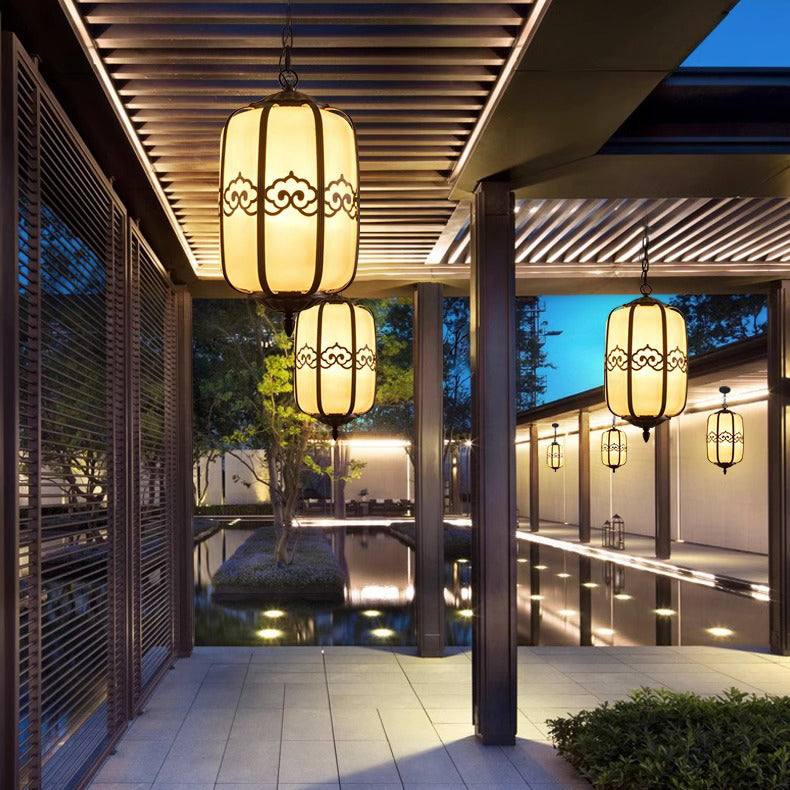 Pantalla de Linterna de Mármol de Imitación Chino Tradicional de Aluminio 1-Luz Impermeable Lámpara Colgante para Patio Exterior 