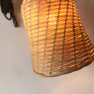 Lámpara Aplique de Pared de 1 Luz con Cilindro de Hierro y Bambú Tejido Cuadrícula Rectangular Rústica Tradicional para Sala de Estar 