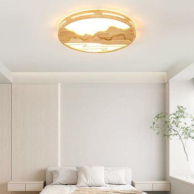 Modern Chinese Wooden Round Mountain Design LED Flush Mount Ceiling Light