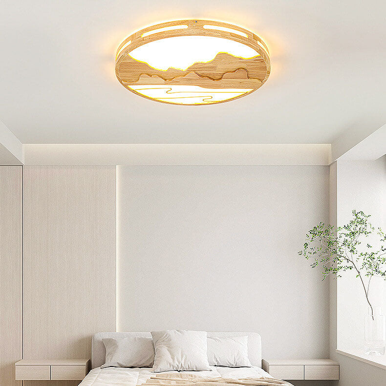 Modern Chinese Wooden Round Mountain Design LED Flush Mount Ceiling Light