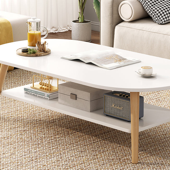 Mesa Auxiliar Moderna Minimalista de Madera Maciza con Forma de Rectángulo Redondeado de 2 Niveles Para Sala de Estar 