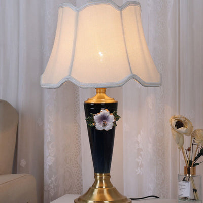 Vintage European Ceramic Floral Pleated Fabric 1-Light Table Lamp