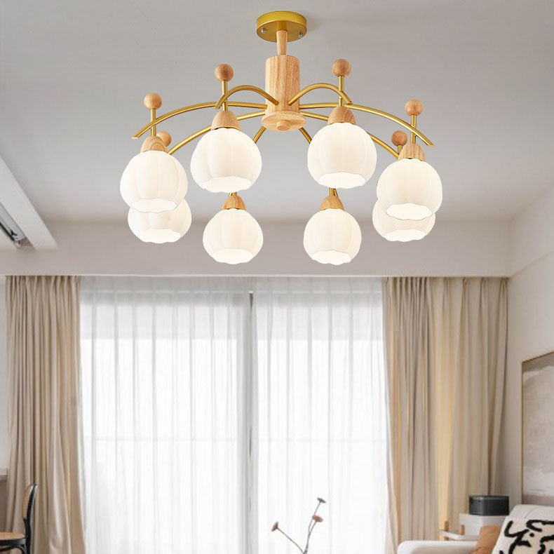 Traditioneller japanischer Eisenholzrahmen Rundglas-Schirm 6/8/10-Licht Kronleuchter für Wohnzimmer 