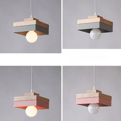 Moderne minimalistische Macaron Square Eisen Holz 1-Licht Pendelleuchte für Wohnzimmer 