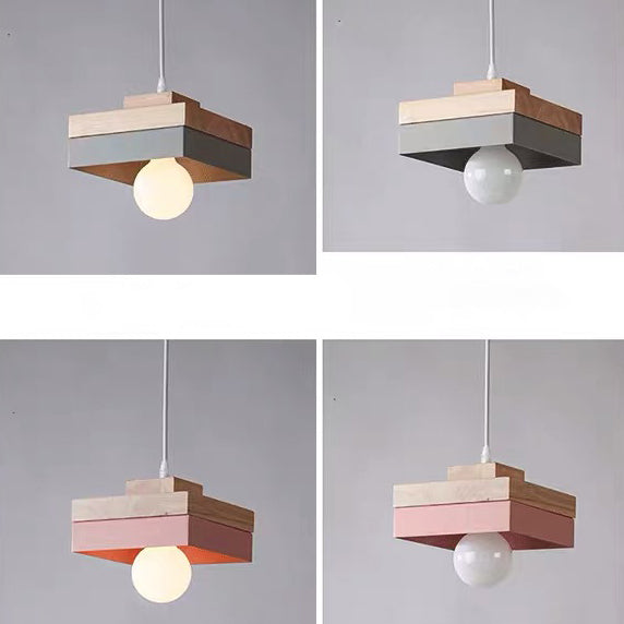 Moderne minimalistische Macaron Square Eisen Holz 1-Licht Pendelleuchte für Wohnzimmer 