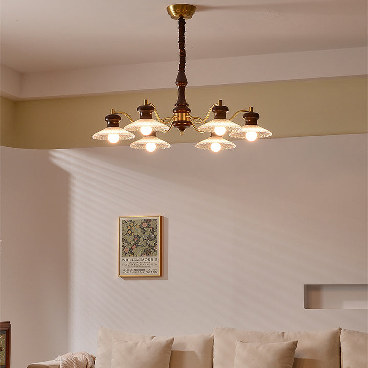 Traditional Vintage Brass Iron Ash Wood Glass Round Bowl 3/6/8 Light Chandeliers For Dining Room