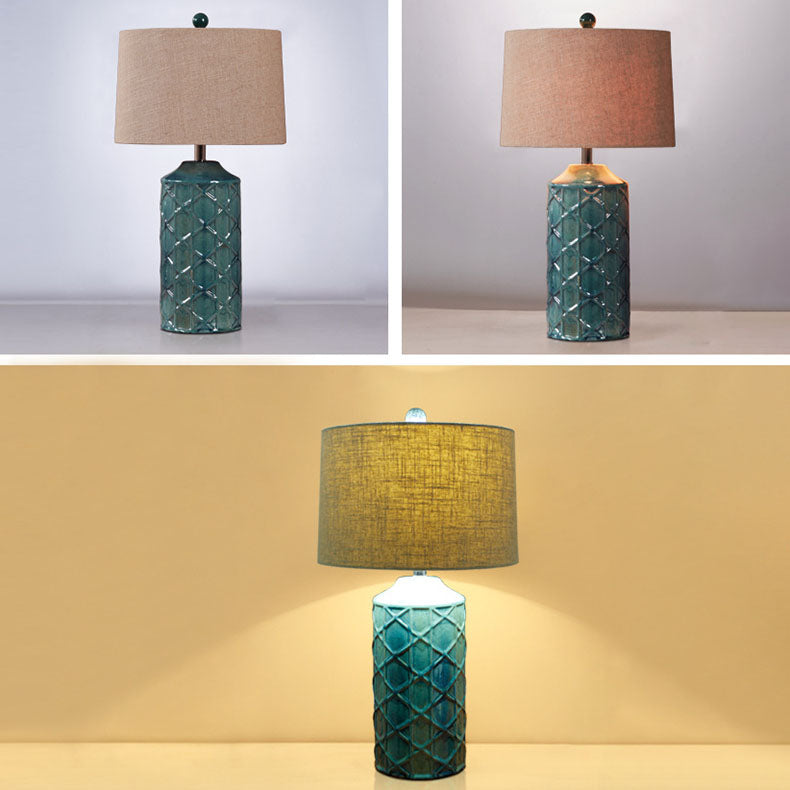 Lampe de Table en Céramique à Rayures Cylindriques Vintage Traditionnelle avec Base en Tissu et 1 Lumière pour Chambre 