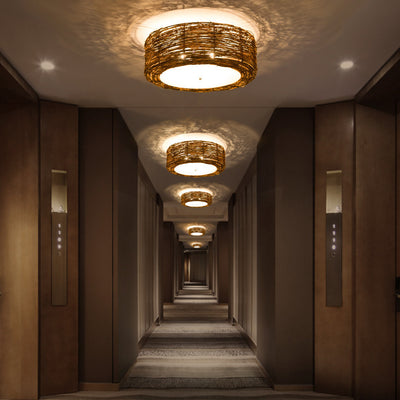 Lustre de plafond à montage affleurant avec tissage en rotin rustique traditionnel à 1 lumière pour salon 