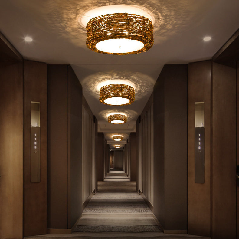 Lustre de plafond à montage affleurant avec tissage en rotin rustique traditionnel à 1 lumière pour salon 