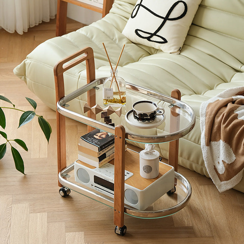 Moderner minimalistischer quadratischer Holz-Glas-Endtisch, zweistufiger Wagen, drehbar für das Wohnzimmer 