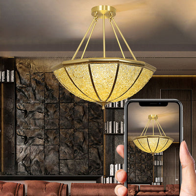 Lustre moderne de luxe avec cadre en cuivre et abat-jour rond en cristal à 5 lumières pour salon 