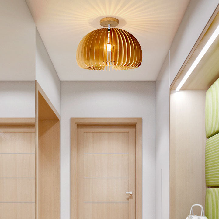 Zeitgenössische Retro-Holzkürbisform 1-Licht Semi-Flush Mount Deckenleuchte für Schlafzimmer 