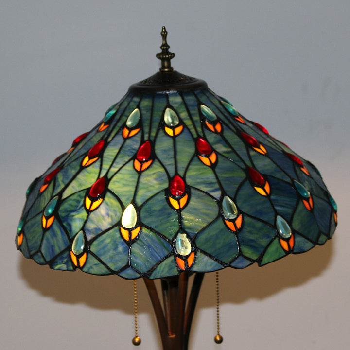 Lampe de sol traditionnelle Tiffany en résine avec dôme semi-circulaire en verre, motif de vache et fleur en diamant à 2 lumières pour salle à manger 