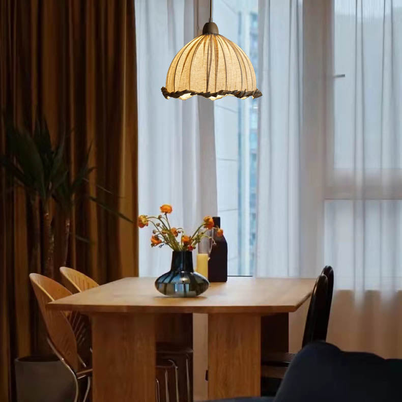 Traditionelle rustikale halbrunde Pendelleuchte aus Gummibaumholz mit Leinen für das Wohnzimmer 