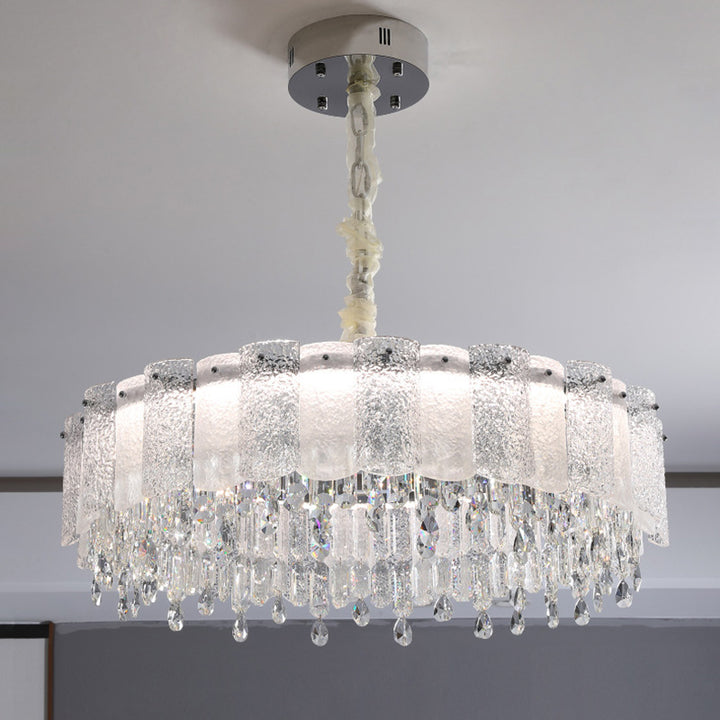 Traditionelle französische runde Ripple-Metallkristallglas-LED-Kronleuchter für Wohnzimmer 
