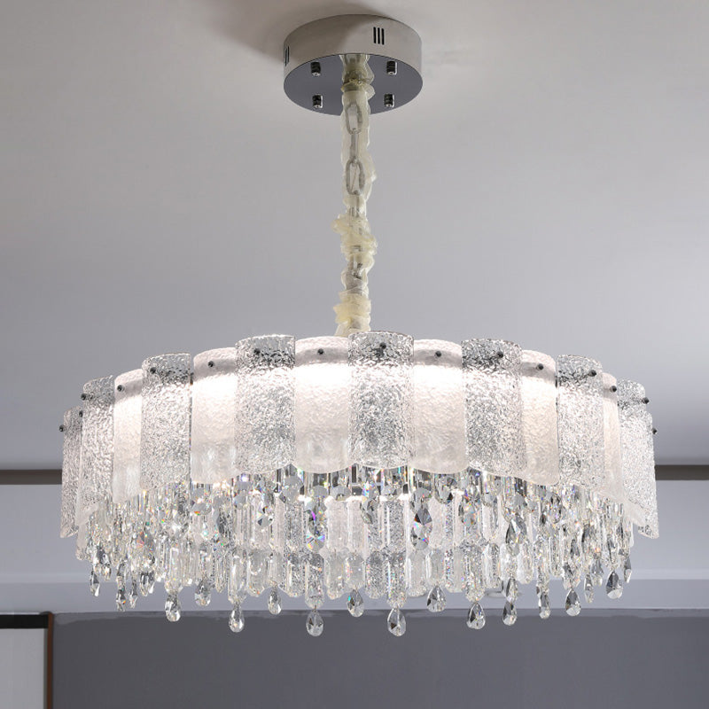 Traditionelle französische runde Ripple-Metallkristallglas-LED-Kronleuchter für Wohnzimmer 
