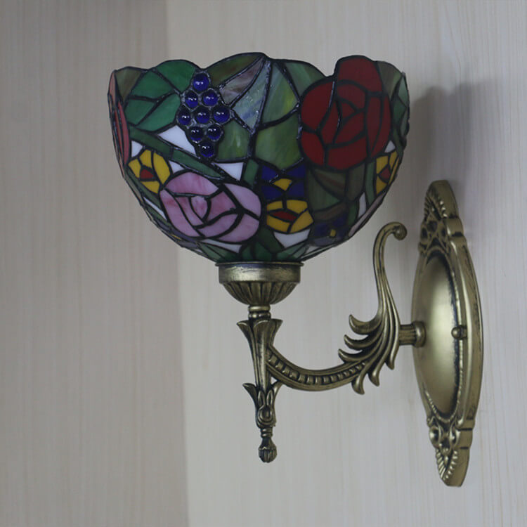 Vintage Tiffany Grape Flower Bowl Stained Glass 1-Light Wall Sconce Lamp