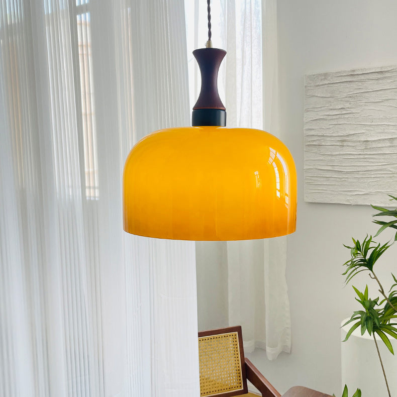 Lámpara colgante de 1 luz, tradicional, vintage, redonda, de madera y vidrio, cilindro redondo, para sala de estar 