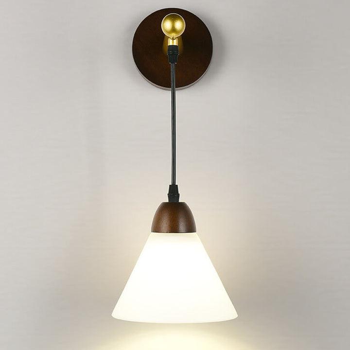 Modern Minimalist Frosted Cone Rubberwood Iron Glass Log Wood 1-Light Wall Sconce Lamp for Living Room