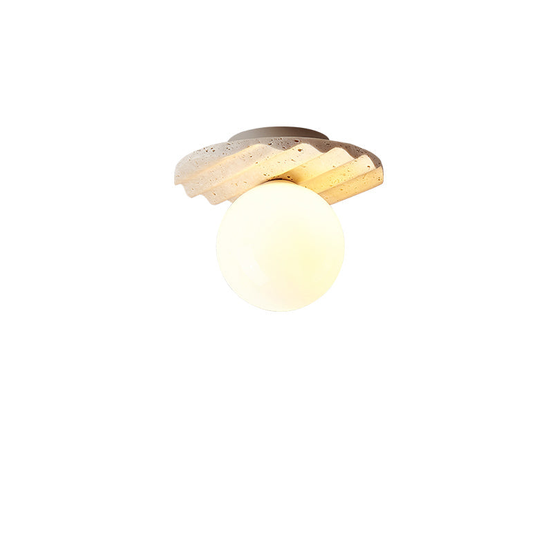 Traditionelle japanische Deckenleuchte aus gelbem Travertin mit kugelförmigem Glasschirm und 1 Licht, halbbündige Montage für Wohnzimmer 