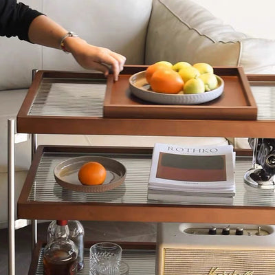Table d'appoint carrée minimaliste moderne en acier inoxydable, verre et bois avec roulettes triple pour salon 