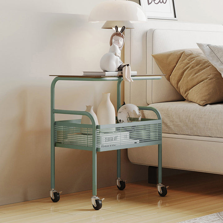 Contemporary Scandinavian Rectangular Iron Top Tempered Glass End Table 2-Tier For Living Room