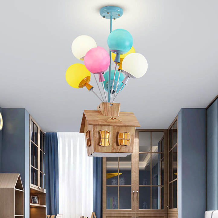 Contemporary Creative House Balloon Iron Wood Glass 9-Light Chandelier For Bedroom