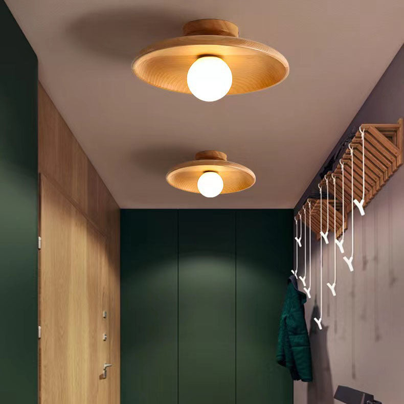 Modern Simplicity Rubberwood Glass Round 1-Light Semi-Flush Mount Ceiling Light For Hallway