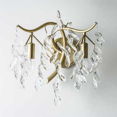 Traditionelle französische Blatt Eisen Kupfer Kristall 2-Licht Wandleuchte Lampe für Wohnzimmer 