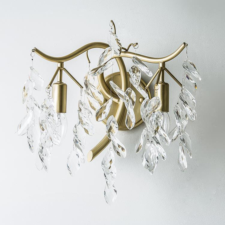 Traditionelle französische Blatt Eisen Kupfer Kristall 2-Licht Wandleuchte Lampe für Wohnzimmer 