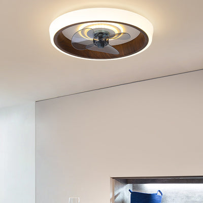 Modern Minimalist Round Wood Grain Aluminum Acrylic LED Flush Mount Ceiling Fan Light For Bedroom