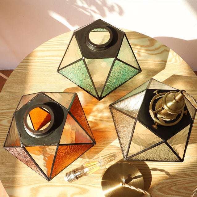 Lustre suspendu en laiton et verre polygonal vintage traditionnel à 1 lumière pour salon 