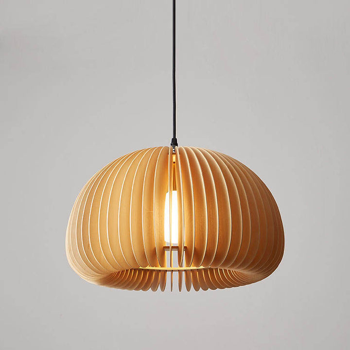Traditional Japanese Iron Wooden Pumpkin Shape 1-Light Pendant Light For Living Room