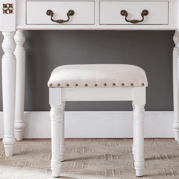 Tabouret de coiffeuse sans dossier ni accoudoirs en bois massif, cuir synthétique et lin carré scandinave contemporain pour chambre 