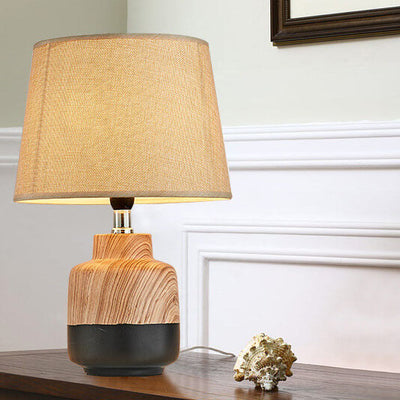 Modern Minimalist Wood Grain Fabric Ceramic 1-Light Table Lamp