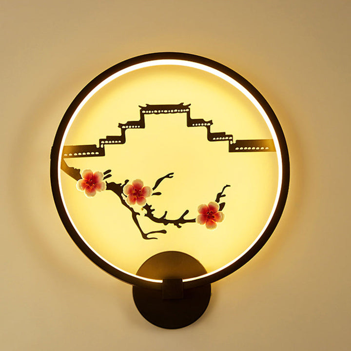 Traditionelle chinesische runde Pflaumenblüte Lotusblatt Aluminium Acryl LED Wandleuchte Lampe für Wohnzimmer 