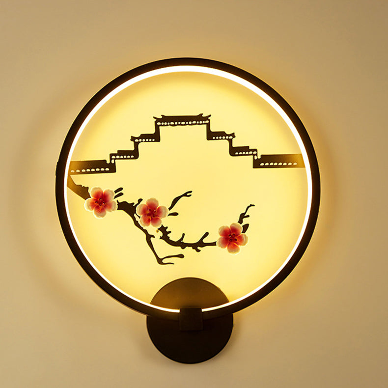 Traditionelle chinesische runde Pflaumenblüte Lotusblatt Aluminium Acryl LED Wandleuchte Lampe für Wohnzimmer 