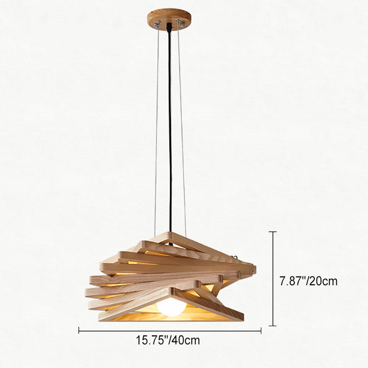 Traditional Japanese Wood Triangle Splicing Swirl 1-Light Pendant Light For Dining Room