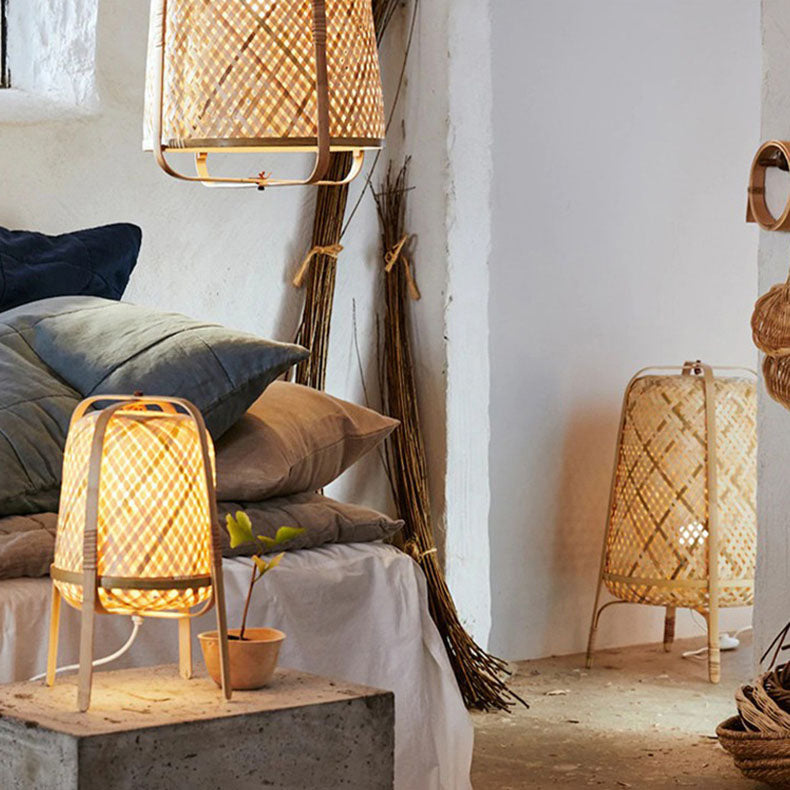 Lampe de sol traditionnelle japonaise cylindrique en bambou tissé à la main 1 lumière pour chambre 