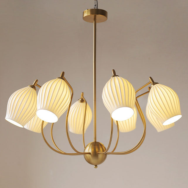 Traditioneller französischer Kronleuchter aus Eisen, Kupfer und Keramik mit Blumenglocke, gestreift, 4/6/8 Lichter für Wohnzimmer 