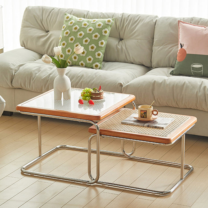 Contemporary Nordic Square Glass Rattan Top Stainless Steel Nesting Coffee Table For Living Room