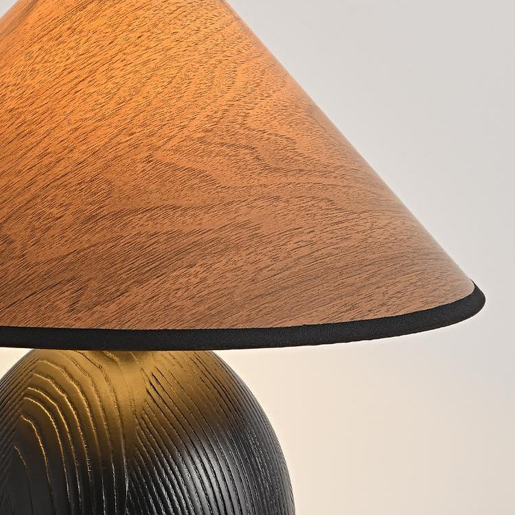 Lampe de table en bois massif trapézoïdal rond japonais traditionnel avec tissu 1 lumière pour chambre 