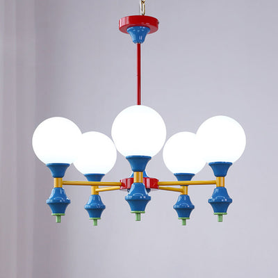 Zeitgenössischer nordischer Kronleuchter mit Eisenrahmen und Glaskugelschirm, 3/5 Lichter, für Wohnzimmer 
