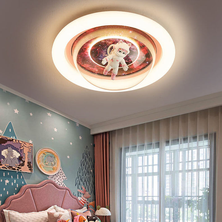 Contemporary Creative Cartoon Pink Astronaut Unicorn Round Acrylic Resin LED Flush Mount Ceiling Light For Bedroom