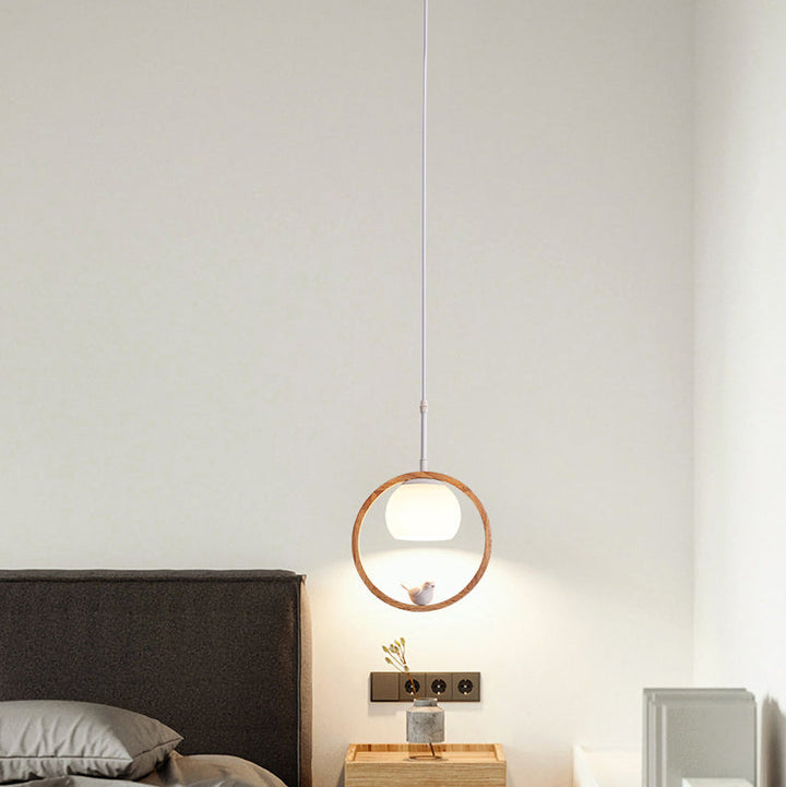 Zeitgenössische skandinavische runde Vogel Holz Glas 1-Licht Pendelleuchte für Wohnzimmer 