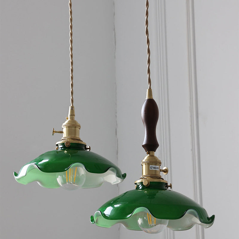 Traditionelle chinesische Blumenrolle Messing Glas 1-Licht Pendelleuchte für Wohnzimmer 