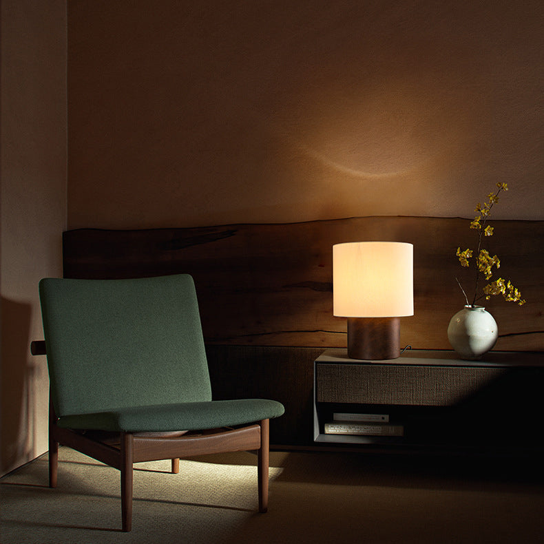 Lampe de Table 1 Lumière en Bois et Tissu Cylindrique de Ferme Traditionnelle pour Chevet 