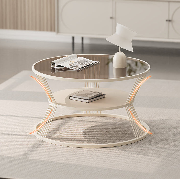 Mesa de café moderna minimalista redonda en forma de reloj de arena de vidrio y hierro de 2 niveles para sala de estar 